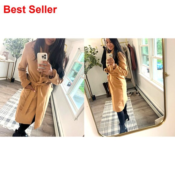 Women's Long Belted Wool Pea Coat Lapel Collar Open Front Jacket - Picture 7 of 7